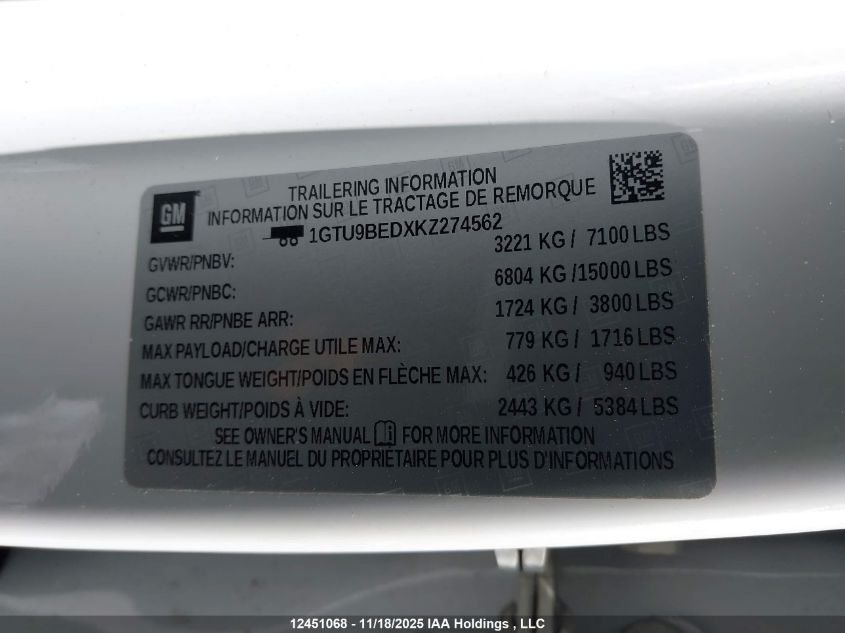 2019 GMC Sierra 1500 Sle VIN: 1GTU9BEDXKZ274562 Lot: 12451068