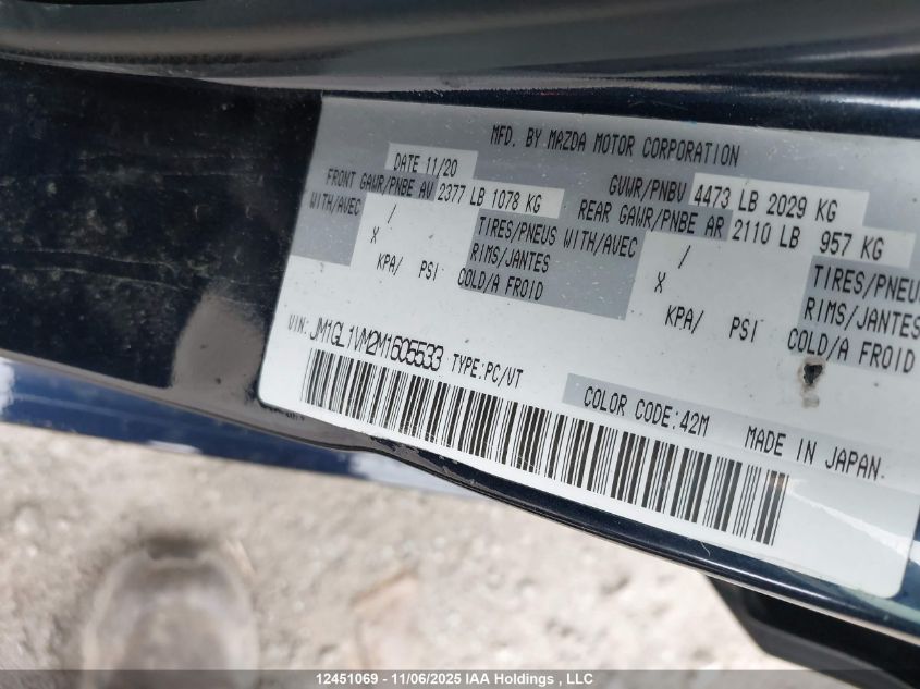 2021 Mazda Mazda6 Gs-L VIN: JM1GL1VM2M1605533 Lot: 12451069