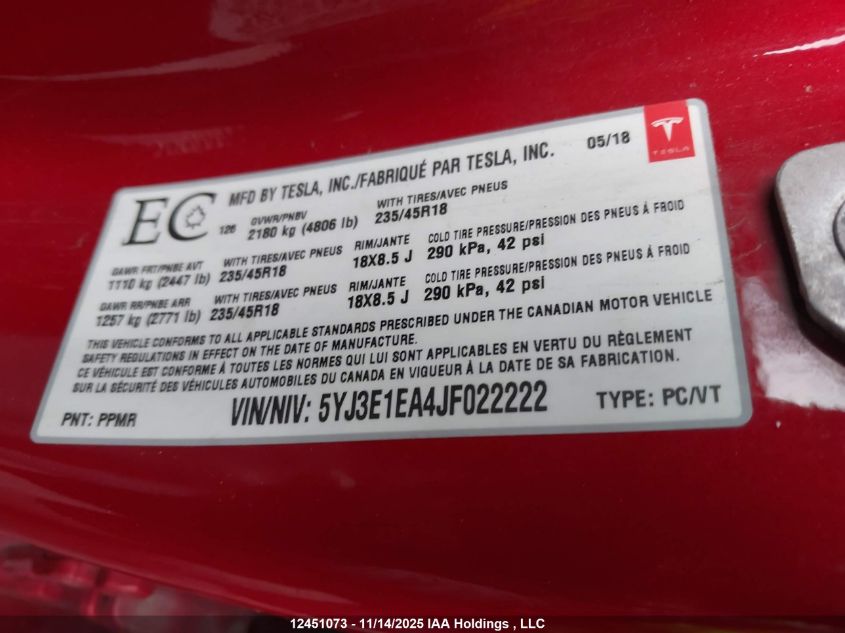 2018 Tesla Model 3 VIN: 5YJ3E1EA4JF022222 Lot: 12451073