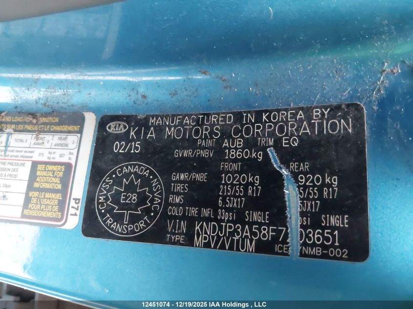 2015 Kia Soul Ex/Ex+/Ex+ Eco VIN: KNDJP3A58F7203651 Lot: 12451074