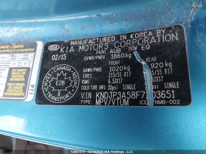 2015 Kia Soul Ex/Ex+/Ex+ Eco VIN: KNDJP3A58F7203651 Lot: 12451074