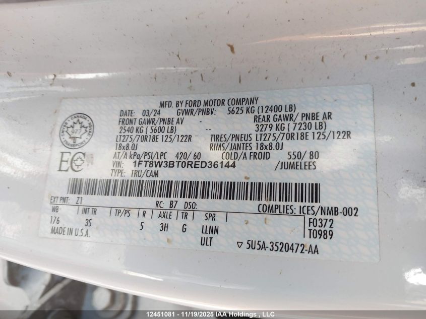2024 Ford F350 Super Duty VIN: 1FT8W3BT0RED36144 Lot: 12451081