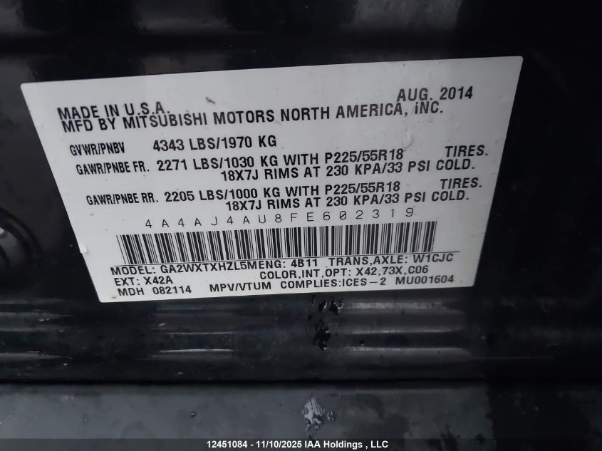 2015 Mitsubishi Rvr Gt/Se VIN: 4A4AJ4AU8FE602319 Lot: 12451084