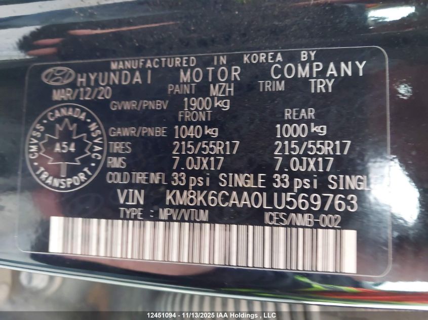 2020 Hyundai Kona Luxury Awd VIN: KM8K6CAA0LU569763 Lot: 12451094