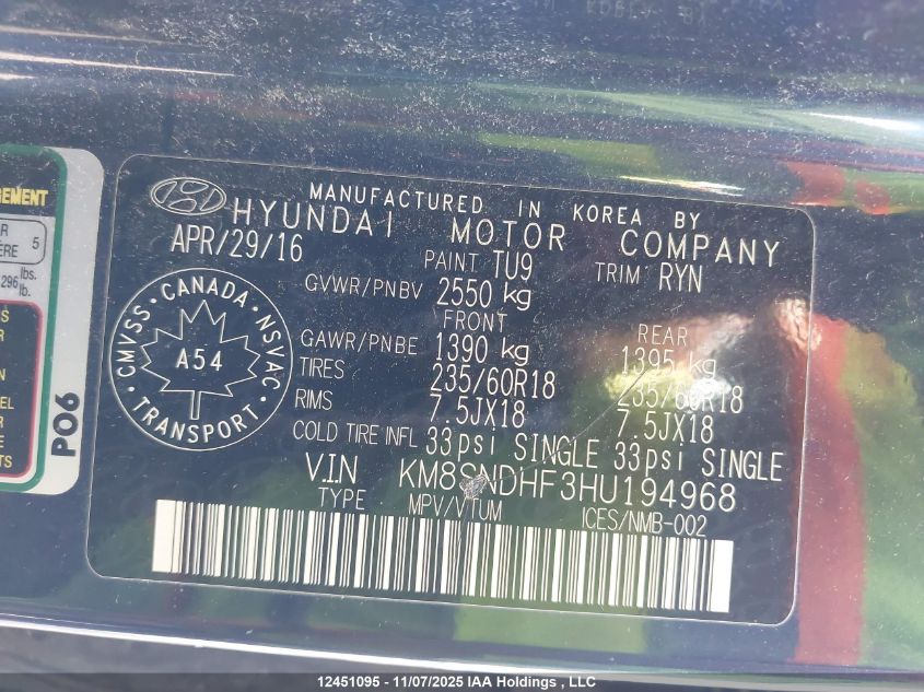 2017 Hyundai Santa Fe Se/Limited VIN: KM8SNDHF3HU194968 Lot: 12451095