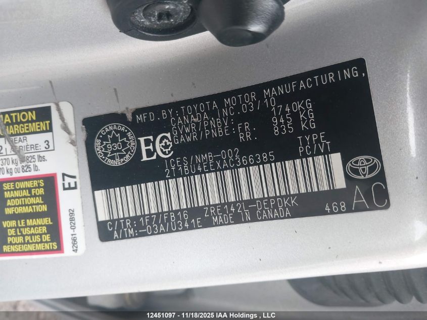 2010 Toyota Corolla VIN: 2T1BU4EEXAC366385 Lot: 12451097