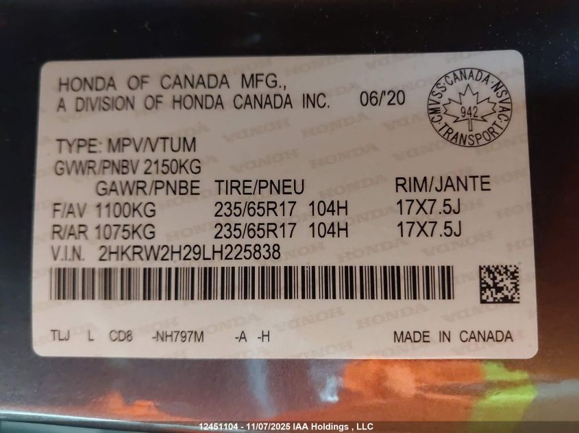 2020 Honda Cr-V Lx VIN: 2HKRW2H29LH225838 Lot: 12451104