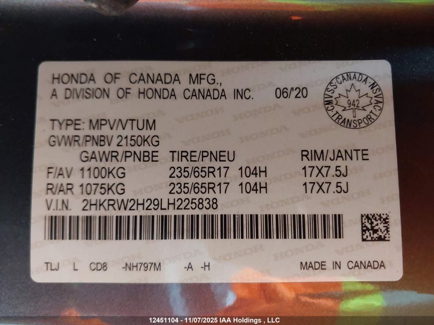 2020 Honda Cr-V Lx VIN: 2HKRW2H29LH225838 Lot: 12451104