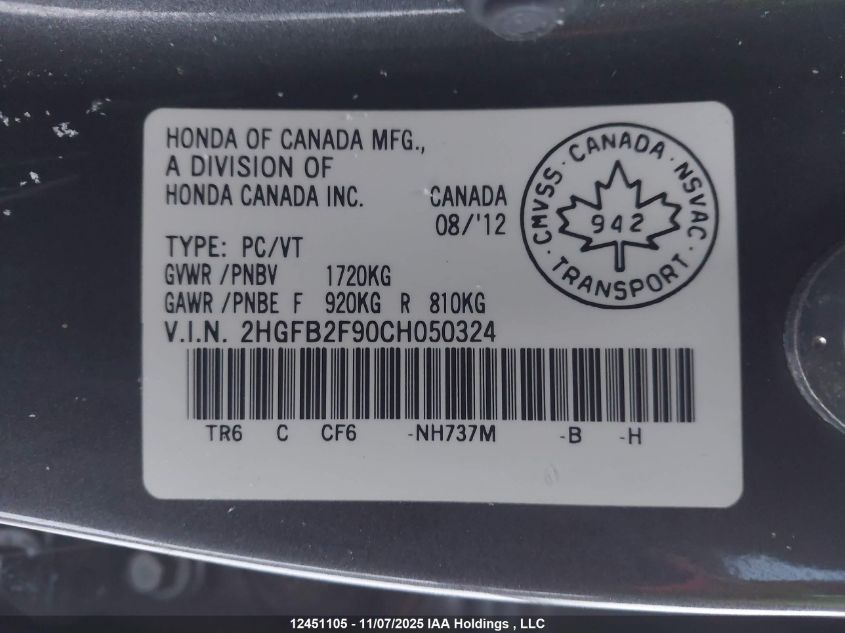 2012 Honda Civic Exl VIN: 2HGFB2F90CH050324 Lot: 12451105