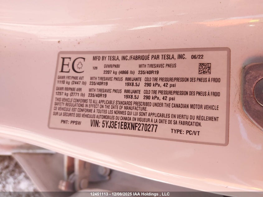 5YJ3E1EBXNF270277 2022 TESLA MODEL 3 photo no. 9