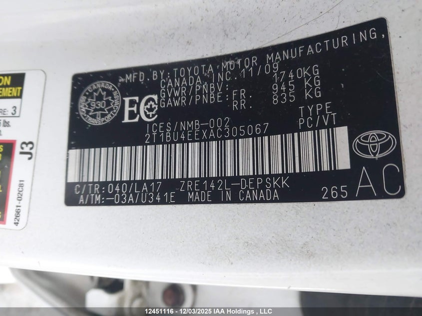 2T1BU4EEXAC305067 2010 TOYOTA COROLLA photo no. 19