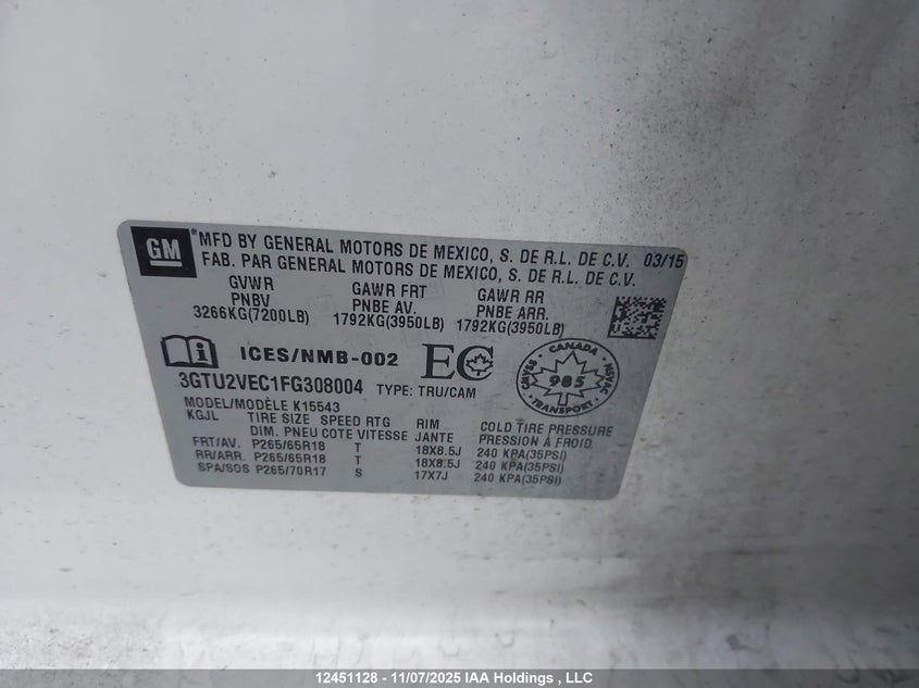 3GTU2VEC1FG308004 2015 GMC SIERRA photo no. 9