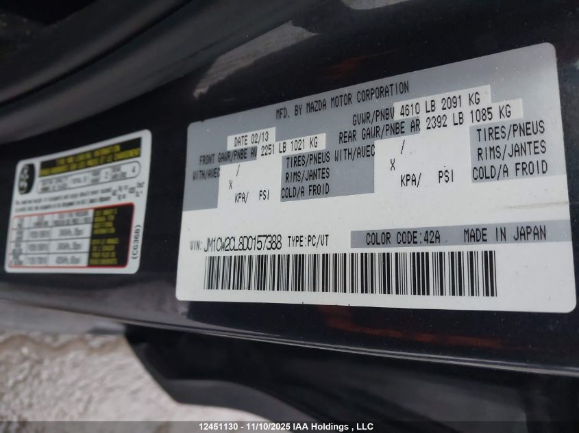 2013 Mazda 5 VIN: JM1CW2CL8D0157388 Lot: 12451130