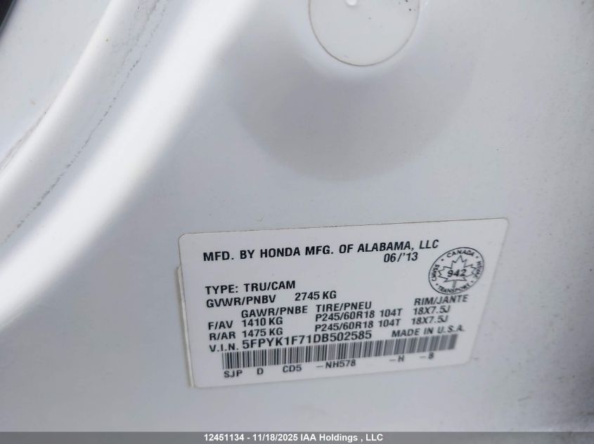 2013 Honda Ridgeline Sport VIN: 5FPYK1F71DB502585 Lot: 12451134