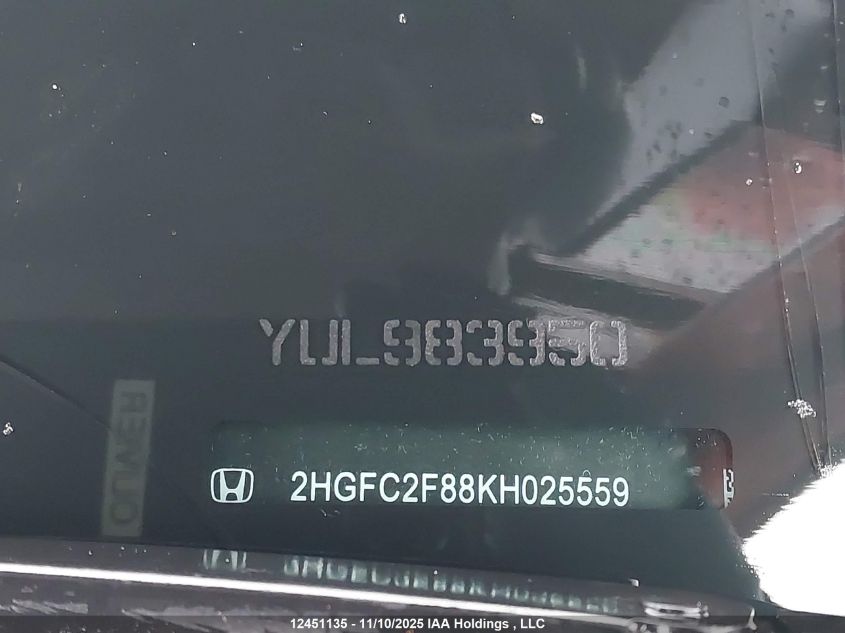 2019 Honda Civic Sport VIN: 2HGFC2F88KH025559 Lot: 12451135