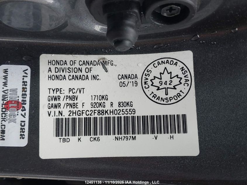 2019 Honda Civic Sport VIN: 2HGFC2F88KH025559 Lot: 12451135