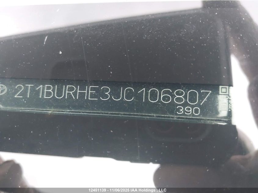 2018 Toyota Corolla L/Le/Xle/Se/Xse VIN: 2T1BURHE3JC106807 Lot: 12451139