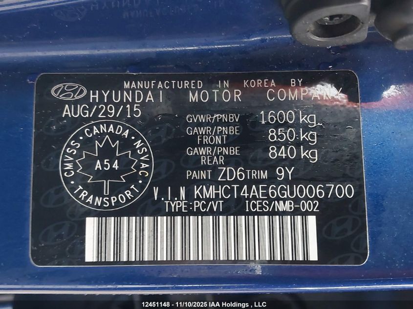 2016 Hyundai Accent Gl VIN: KMHCT4AE6GU006700 Lot: 12451148