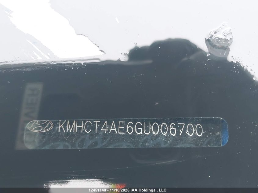 2016 Hyundai Accent Gl VIN: KMHCT4AE6GU006700 Lot: 12451148