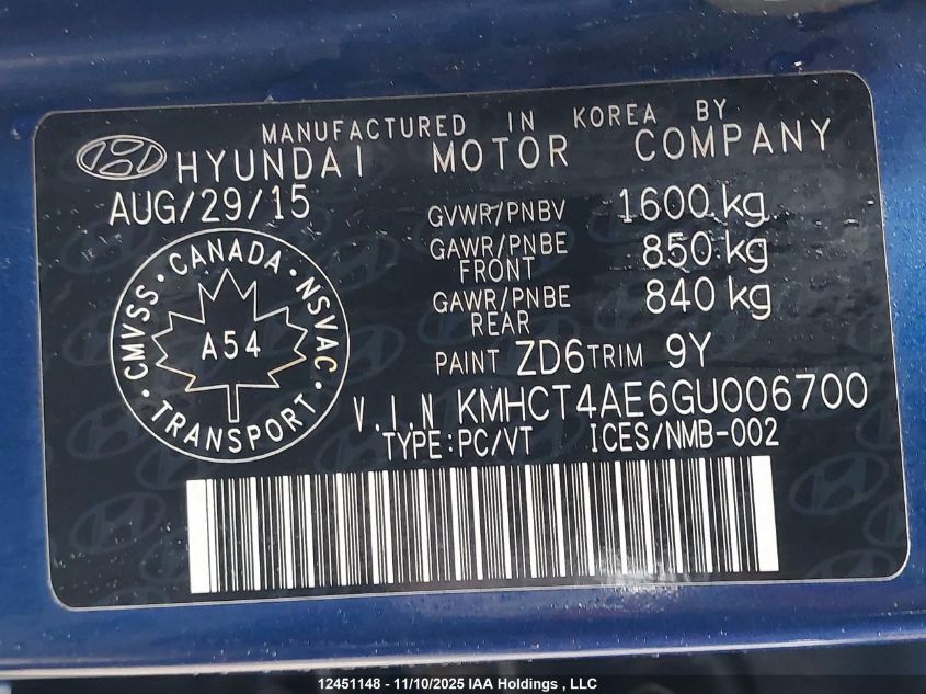 2016 Hyundai Accent Gl VIN: KMHCT4AE6GU006700 Lot: 12451148