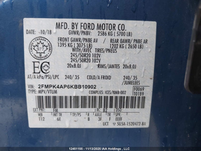 2FMPK4AP6KBB10902 2019 FORD EDGE photo no. 9