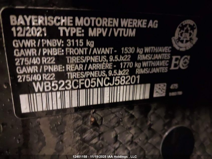 2022 BMW Ix xDrive50 VIN: WB523CF05NCJ58201 Lot: 12451158
