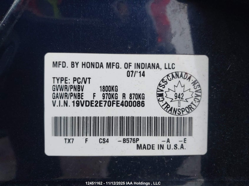 19VDE2E70FE400086 2015 ACURA ILX photo no. 9