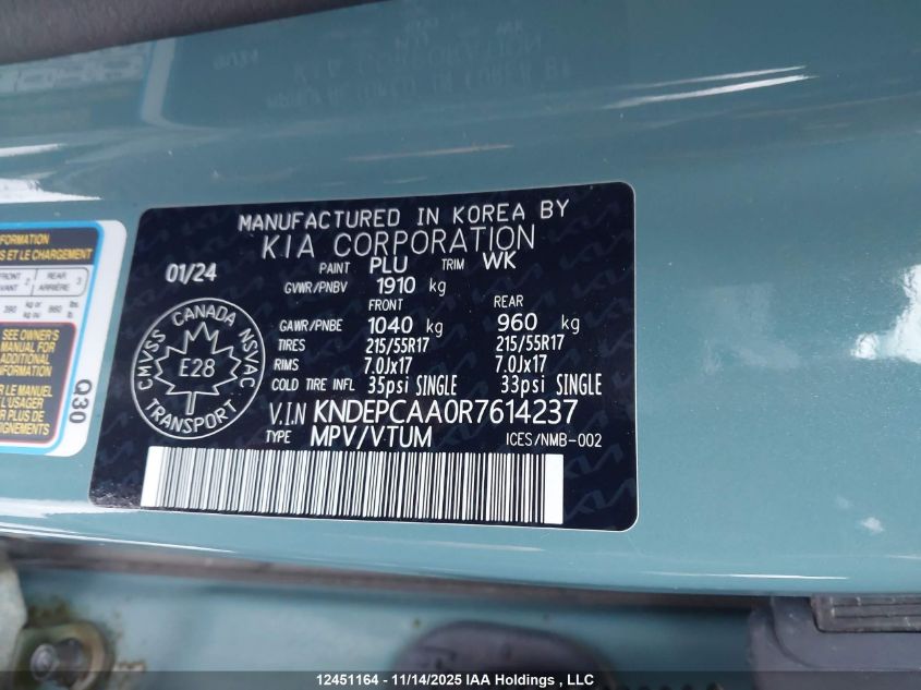 2024 Kia Seltos Lx VIN: KNDEPCAA0R7614237 Lot: 12451164