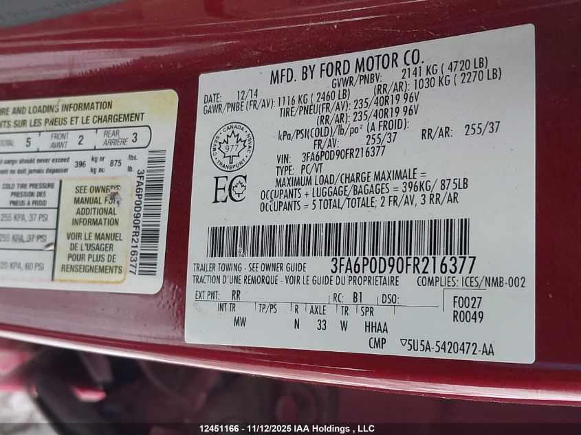 2015 Ford Fusion VIN: 3FA6P0D90FR216377 Lot: 12451166