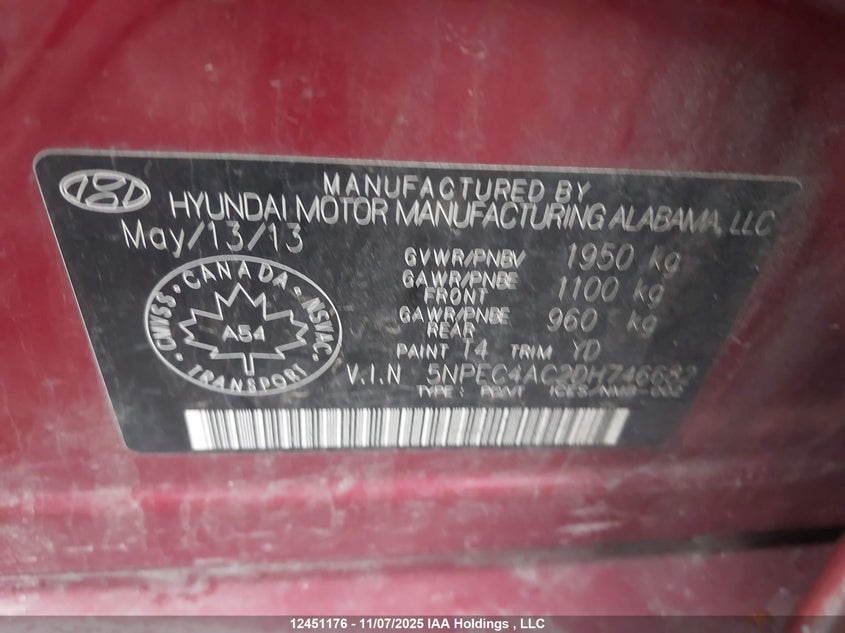 5NPEC4AC2DH746682 2013 HYUNDAI SONATA photo no. 9