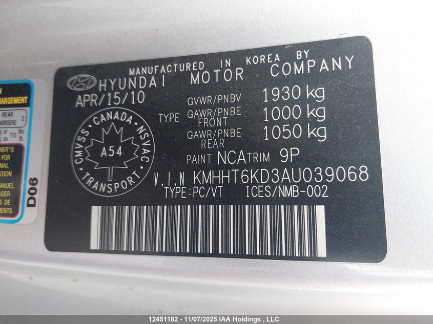 2010 Hyundai Genesis 2.0T Premium VIN: KMHHT6KD3AU039068 Lot: 12451182