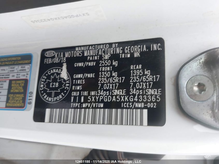 2019 Kia Sorento 2.4L Lx/3.3L Lx VIN: 5XYPGDA5XKG433365 Lot: 12451185