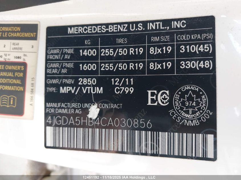 2012 Mercedes-Benz Ml 350 4Matic VIN: 4JGDA5HB4CA030856 Lot: 12451192