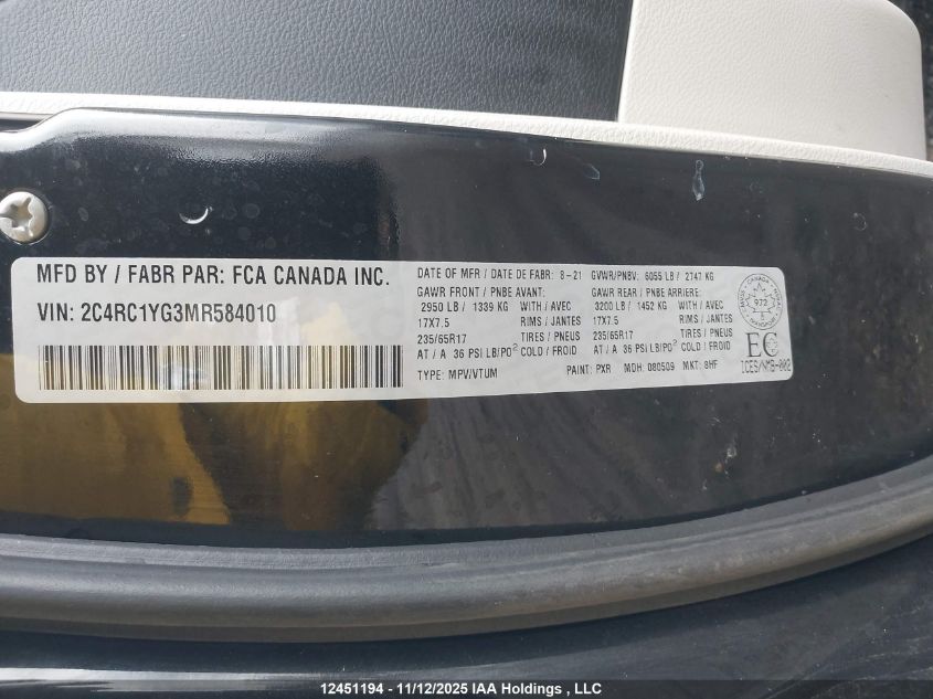 2021 Chrysler Grand Caravan VIN: 2C4RC1YG3MR584010 Lot: 12451194