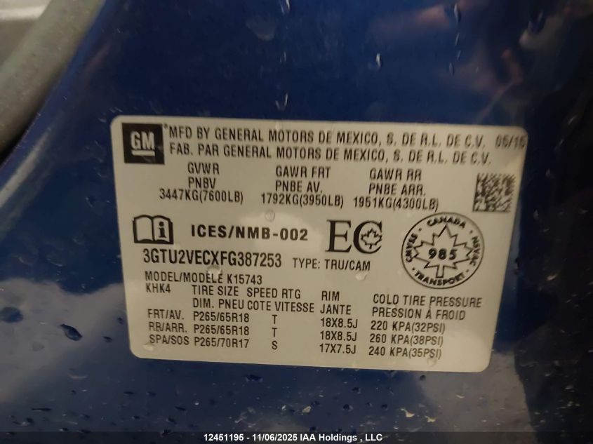 2015 GMC Sierra 1500 Slt VIN: 3GTU2VECXFG387253 Lot: 12451195