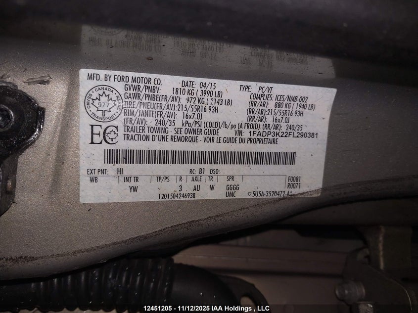 1FADP3K22FL290381 2015 FORD FOCUS photo no. 9