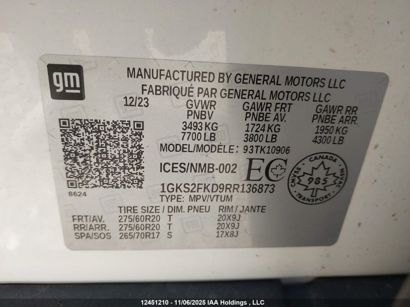 2024 GMC Yukon Xl K1500 Sle VIN: 1GKS2FKD9RR136873 Lot: 12451210