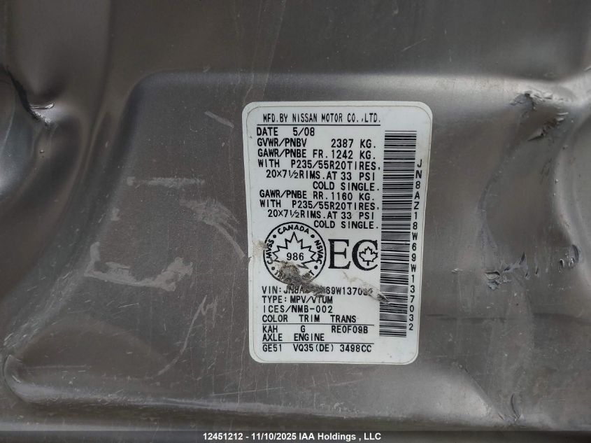 2009 Nissan Murano Le VIN: JN8AZ18W69W137032 Lot: 12451212