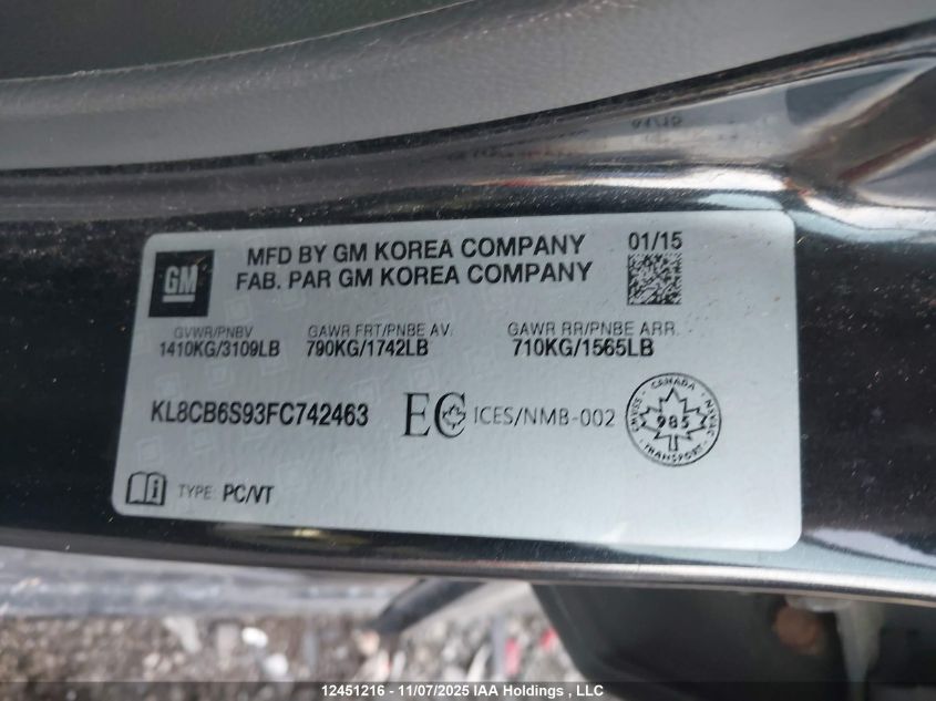 2015 Chevrolet Spark Ls Cvt VIN: KL8CB6S93FC742463 Lot: 12451216