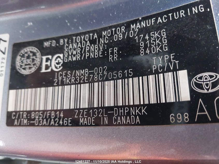 2008 Toyota Matrix Wagon VIN: 2T1KR32E78C705615 Lot: 12451227