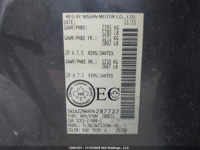 2015 Nissan Murano S/Sl/Sv/Platinum VIN: 5N1AZ2MH4FN287727 Lot: 12451231