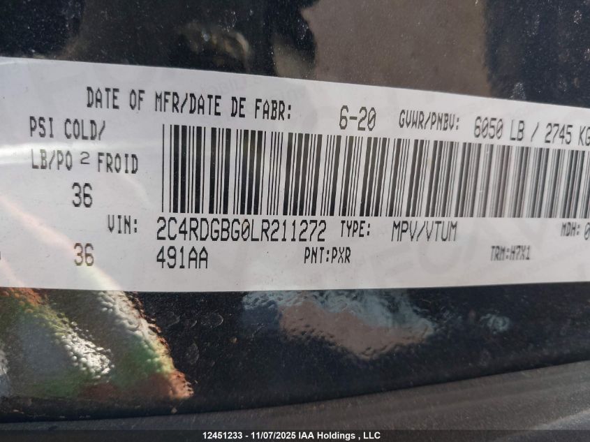 2020 Dodge Grand Caravan Se VIN: 2C4RDGBG0LR211272 Lot: 12451233