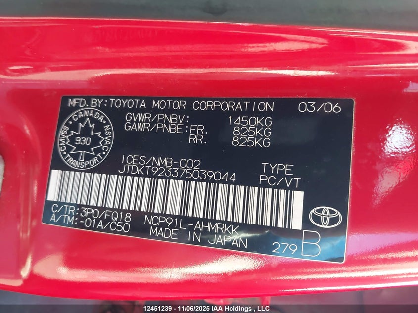 JTDKT923375039044 2007 TOYOTA YARIS photo no. 9
