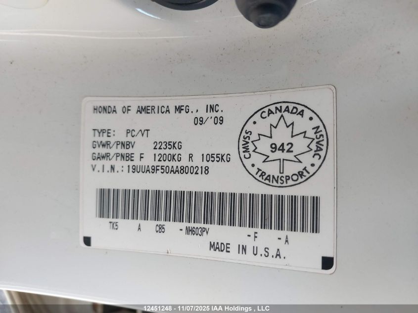 2010 Acura Tl VIN: 19UUA9F50AA800218 Lot: 12451248