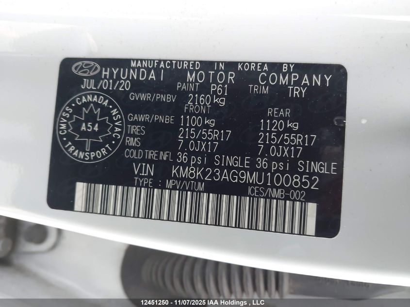 2021 Hyundai Kona Sel VIN: KM8K23AG9MU100852 Lot: 12451250