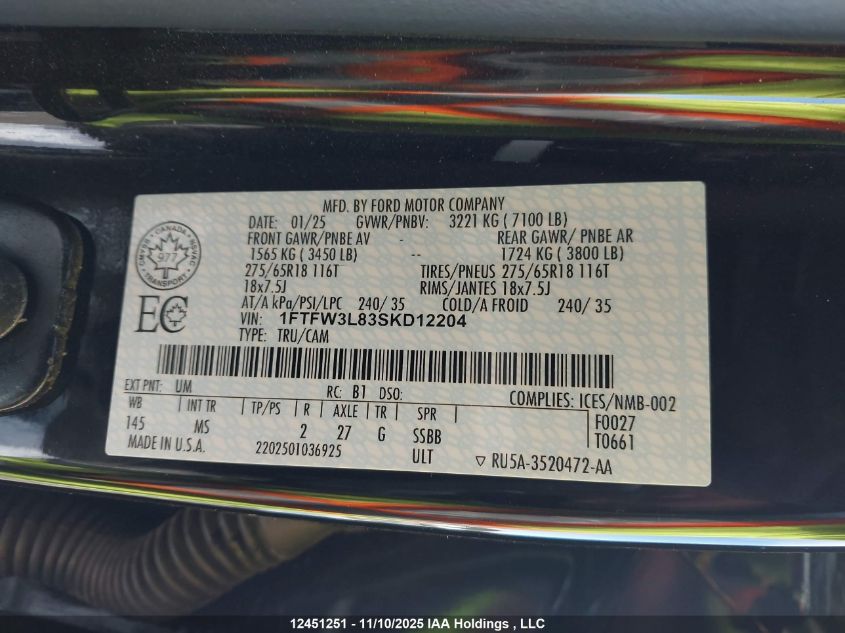 2025 Ford F-150 Xlt VIN: 1FTFW3L83SKD12204 Lot: 12451251