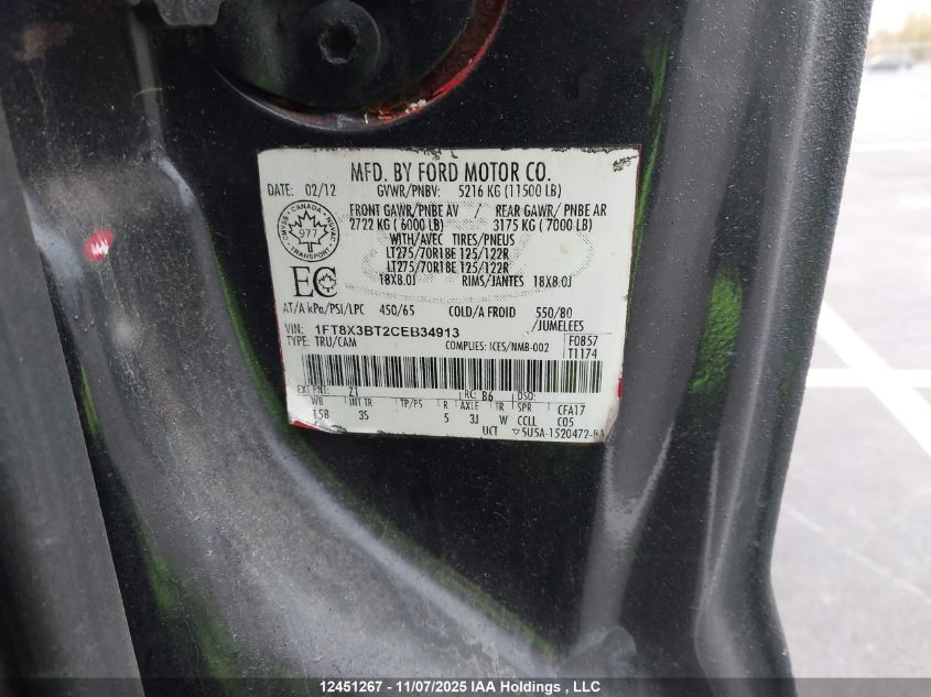 2012 Ford F350 Super Duty VIN: 1FT8X3BT2CEB34913 Lot: 12451267