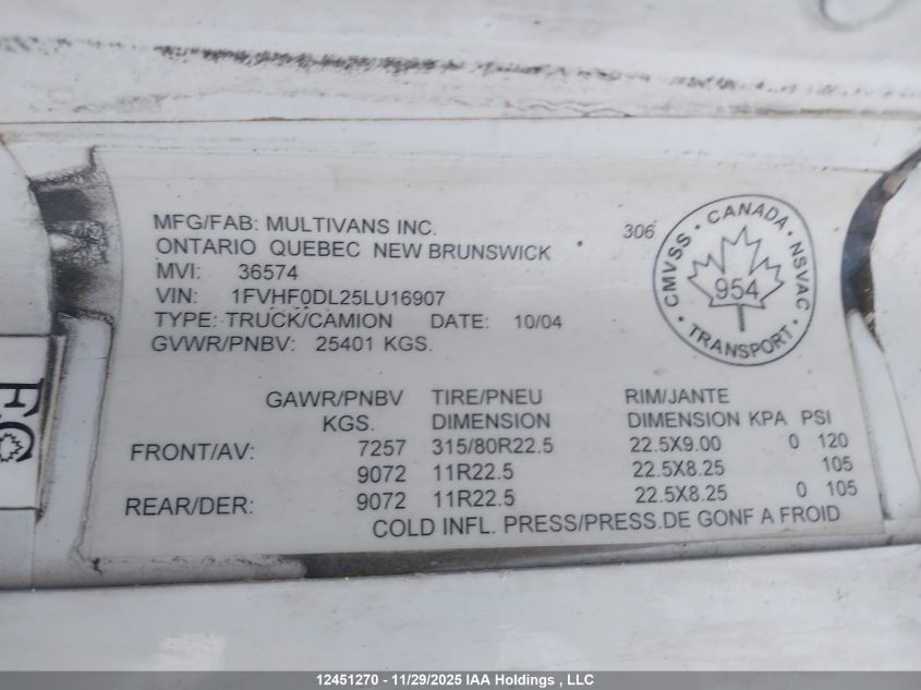2005 Freightliner Columbia 112 VIN: 1FVHF0DL25LU16907 Lot: 12451270