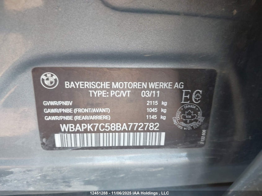 WBAPK7C58BA772782 2011 BMW 3ER photo no. 9