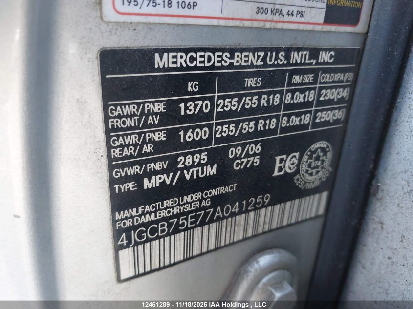 2007 Mercedes-Benz R 500 VIN: 4JGCB75E77A041259 Lot: 12451289